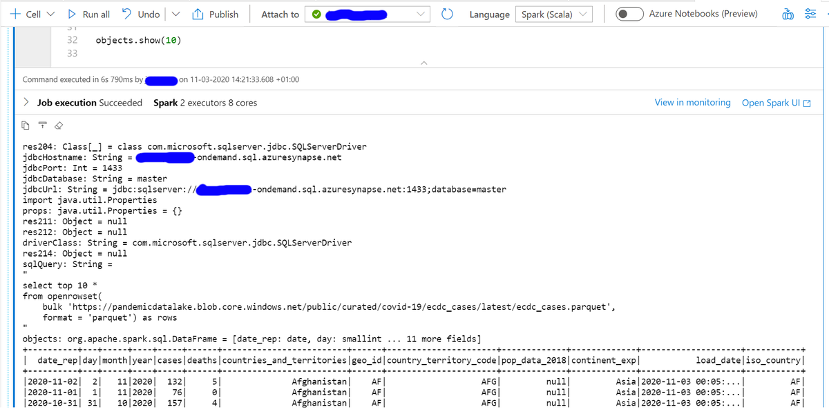 JovanPop_MSFT's tweet photo. I have successfully executed my first #TSQL query from #apachespark #Scala #notebook in #AzureSynapseAnalytics workspace that is running on #Serverless #SynapseSQL endpoint in #Azure #SynapseAnalytics workspace. #Spark and #SQL compute integration is easy to implement. https://t.co/OXJRtcwgYG