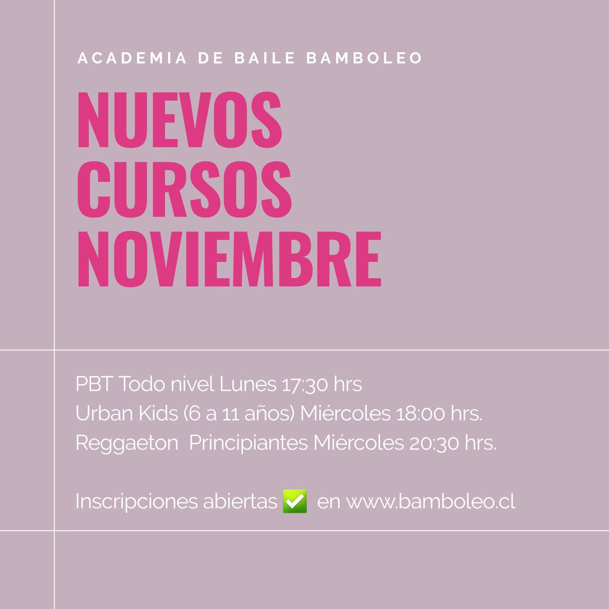 clasesbamboleo's tweet photo. NUEVOS CURSOS NOVIEMBRE 2020

💜PBT Progressing Ballet Technique lunes a las 17:30 hrs.

💜Urban Kids (6 a 11 años) miércoles a las 18:00 hrs.

💜Reggaeton miércoles a las 20:30 hrs.

Inscripciones abiertas en nuestra página web https://t.co/KTKgLCY9Ux 

 #AcademiadeBaileChile https://t.co/szKBAMK5qm
