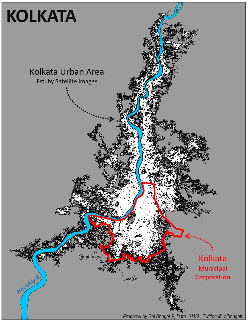  #30DayMapChallenge Map 3: Polygons #Map shows 3 Polygon layers for  #Kolkata City1. Municipal corporation -in 2. Kolkata Urban Area -Satellite est. -in 3. Hooghly River -in DYK: More than 2/3rds of Kolkata's urban agg population lives outside the Kolkata Corporation?