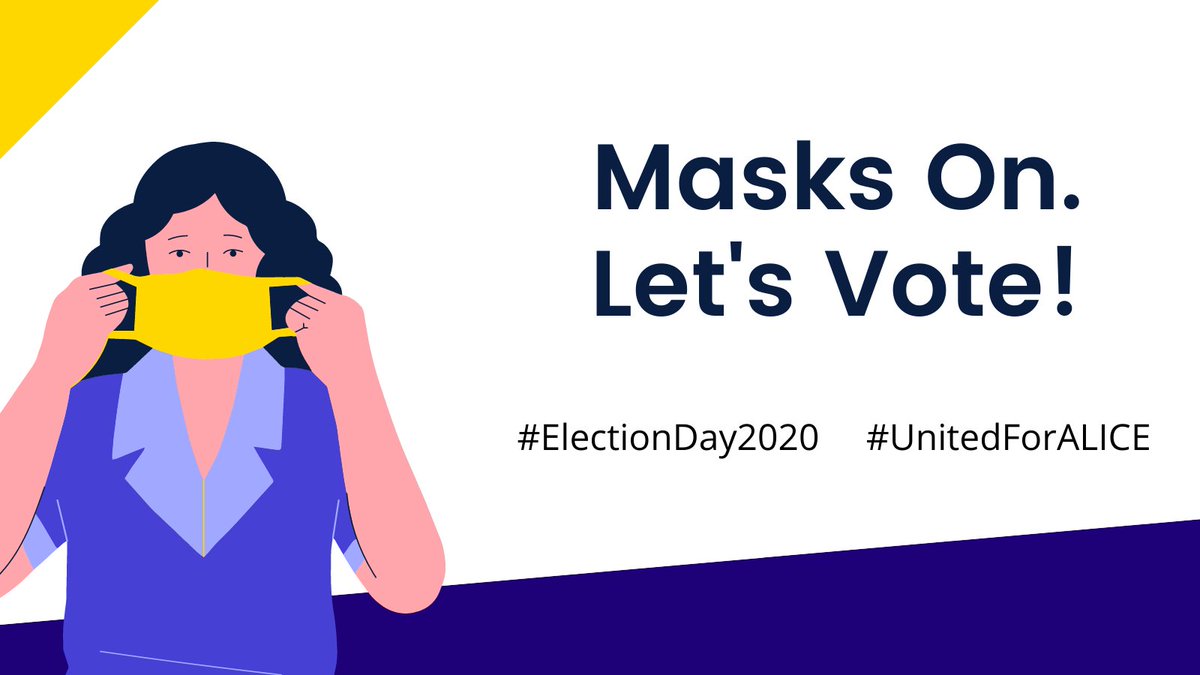 United4ALICE's tweet photo. TODAY is #ElectionDay2020! Get out, stay safe, and make your voice heard! Before you go, be sure to review the #COVID_19 policies and guidelines for voting in your state at https://t.co/oBZU3FQKq7 #UnitedForALICE #CountdowntoVOTE #VOTE https://t.co/QpHtQXLkxC