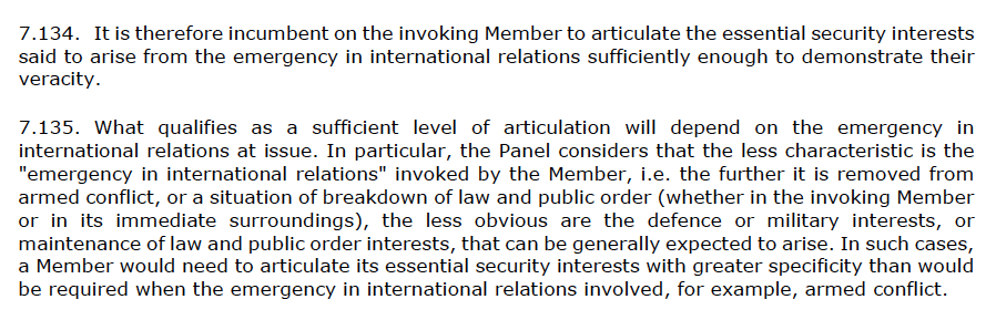  @jbentonheath (who also wrote an excellent post over  @WorldTradeLaw on this) observed the relevant paragraphs displayed ‘judicial managerialism’ – a flexible approach to security to account for novel types. Text of panel report: 7.134-7.135.
