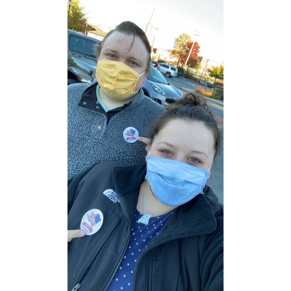 JesCat's tweet photo. We woke up at 5 am to vote before work&amp;we’re both going in a little late now. Saw the longest line to vote I’ve ever see. They’re predicting a 75% voter turnout this election. That is truly jaw dropping and awe inspiring. I love this country. I’m so proud to be an American. #vote https://t.co/Ok3fOGYpuc