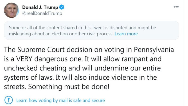 Twitter has hidden a tweet from President Donald Trump about voting, hours before election day.

Mr Trump tweeted that a Supreme Court decision to allow more time for postal ballots to arrive in Pennsylvania was "very dangerous". #ElectionDay #Election2020 
<a href="/ThilinduP/">Thilindu Peiris</a>