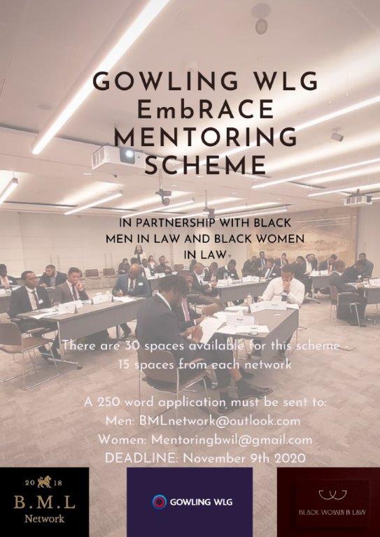 We are excited to announce a collaborative partnership with Gowling WLG <a href="/gowlingwlg/">Gowling WLG</a> , run by the firm's Diversity Network, EmbRACE . The firm is hosting Mentoring Workshops exclusively for members of the Black Men in Law  
<a href="/BMLnetwork/">Black Men In Law Network</a> &amp; Black Women in Law Networks. (1/7)