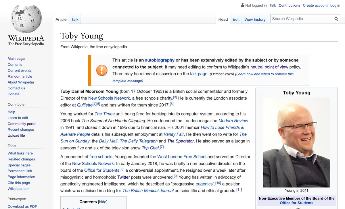 Well surprise fucking surprise, Toby Young's Wikipedia page prominently displays a template warning that he or someone close to him has been trying to edit it. Case closed.