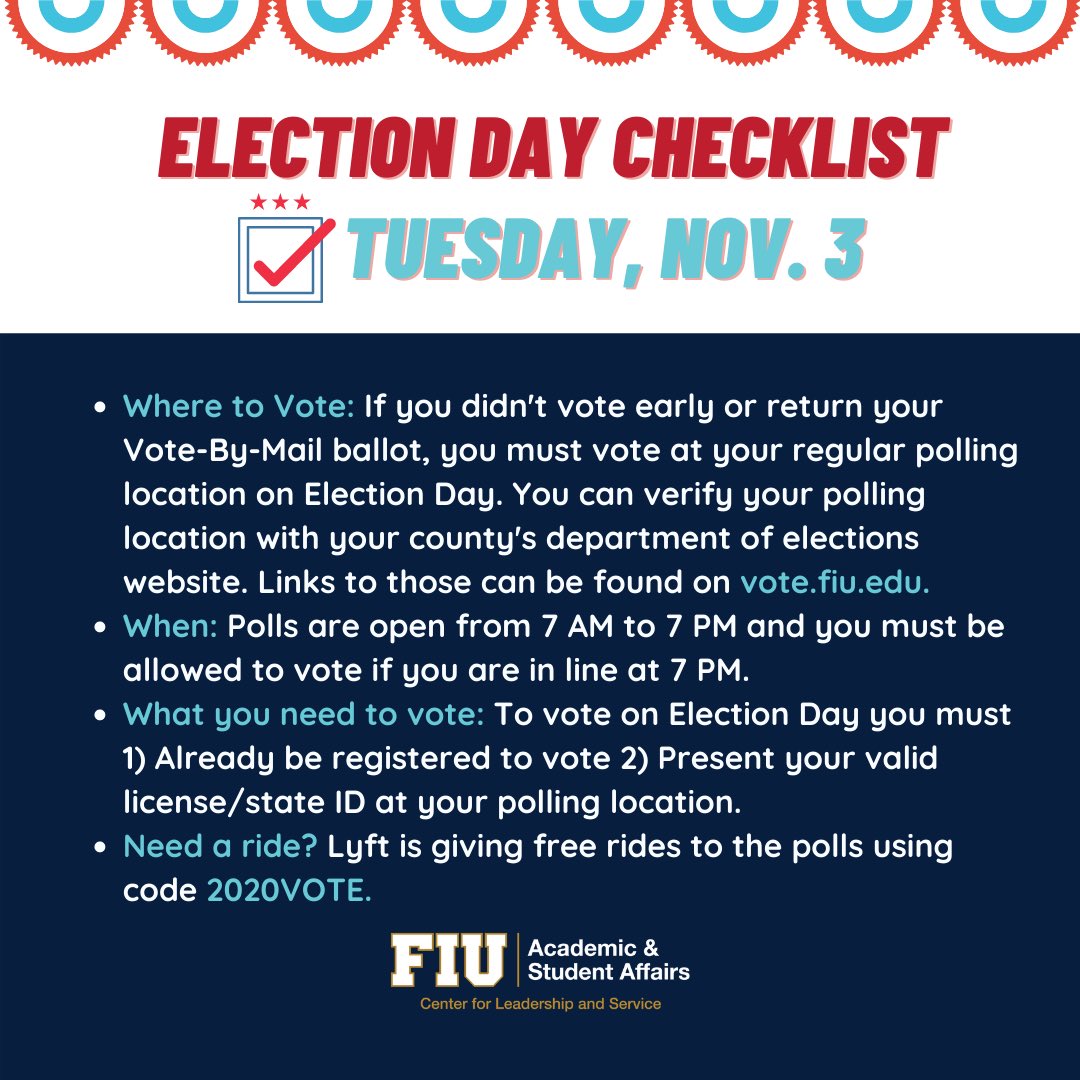 FIUCLS's tweet photo. Today is Election Day! Review this checklist for everything you need to know if you are voting today. For more info about your polling location visit https://t.co/rFVxowUgcv. If you’re able to and haven’t done so already, make sure you #vote today, Panthers! https://t.co/iGaI23Mk48