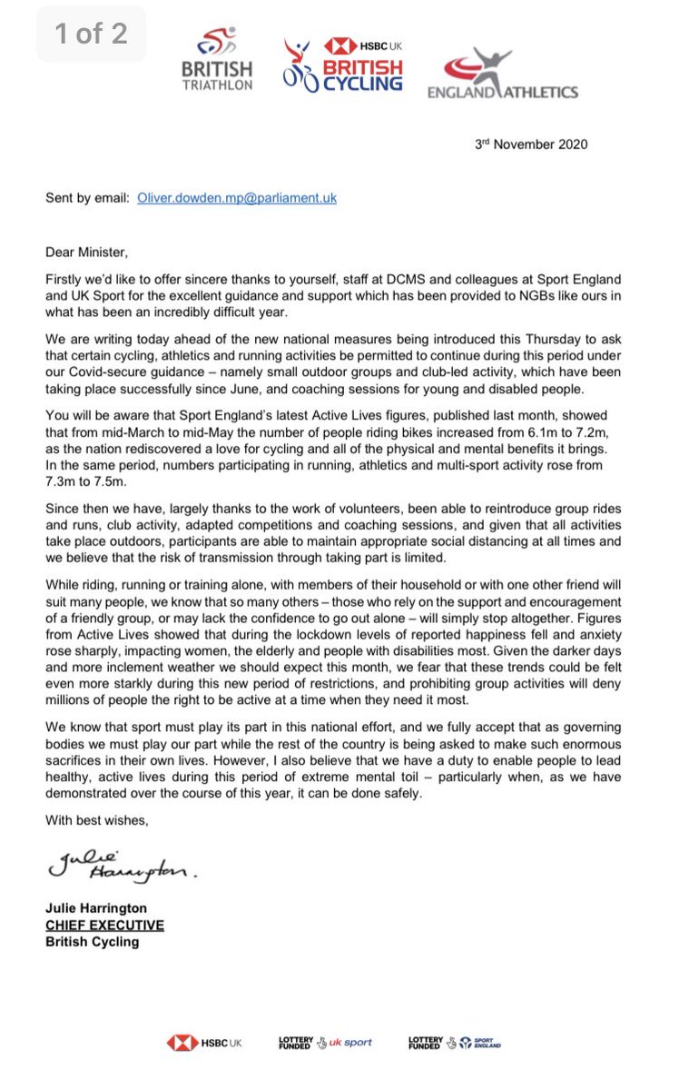 Dan Roan (@danroan) on Twitter photo NEW | British Cycling, England Athletics and British Triathlon write to Culture Secretary <a href="/OliverDowden/">Oliver Dowden</a> to ask that small group rides and runs, along with coaching sessions for young people & those with disabilities, are exempted from the new restrictions NEW | British Cycling, England Athletics and British Triathlon write to Culture Secretary <a href="/OliverDowden/">Oliver Dowden</a> to ask that small group rides and runs, along with coaching sessions for young people & those with disabilities, are exempted from the new restrictions