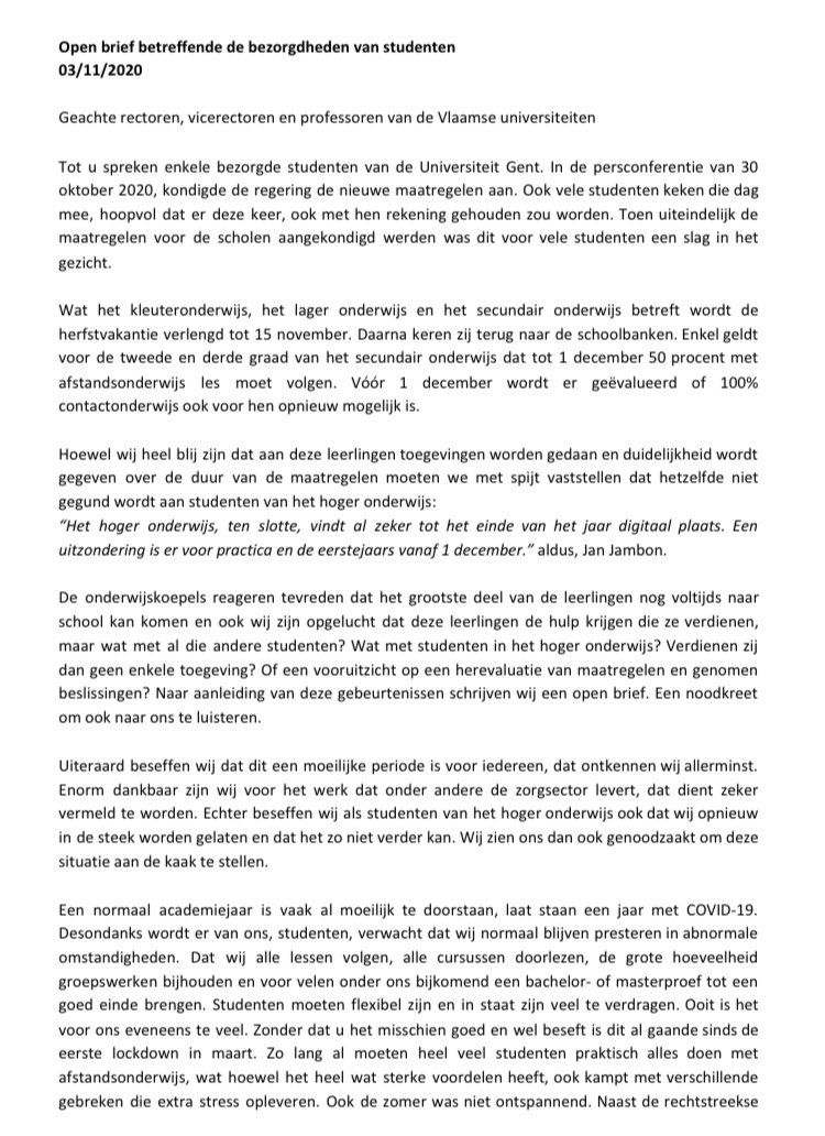 Chayenne_VdV's tweet photo. Via deze open brief, gericht aan universiteiten, brengen we de bezorgdheden van de studenten onder de aandacht. 

Studenten, deel dit bericht en laat jullie horen indien jullie dit wensen. Deel hoe je je voelt. 

Aan iedereen, neem de bezorgdheden serieus. We hebben nood aan rust https://t.co/fGz2hreRJr