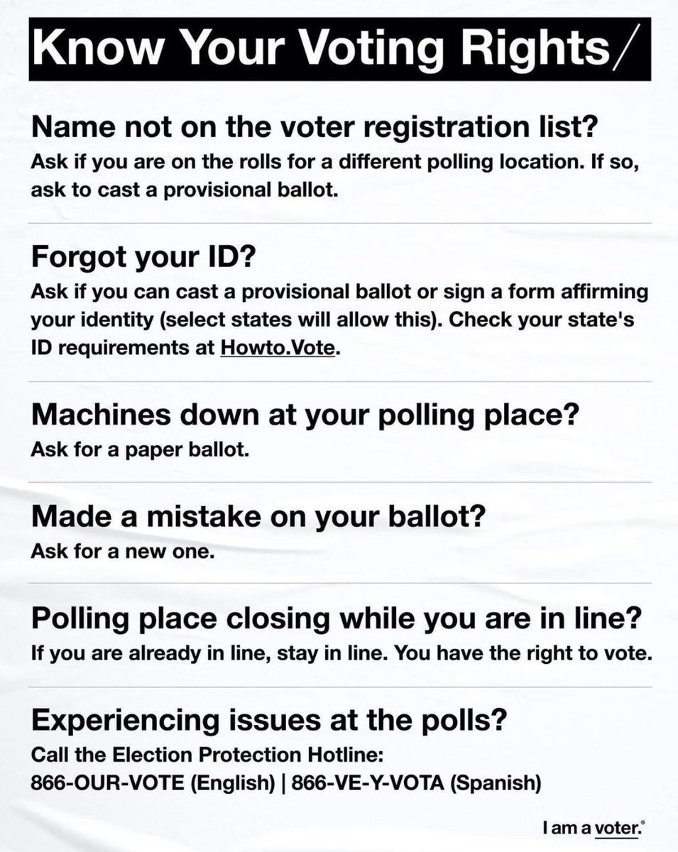 LaurelCoons's tweet image. Know Your #Voting Rights:

🗳If the polls #close while you’re still in line, stay in line, you have the right to #vote

🗳If you make a #mistake on your ballot, ask for a new one

🗳If the machines are #down at your polling place, ask for a paper ballot

👉aclu.org/know-your-righ…