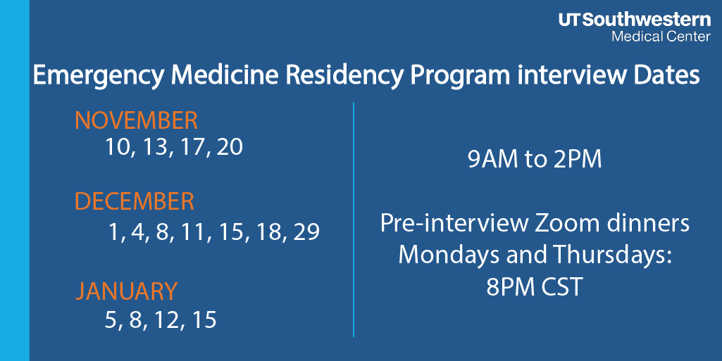UTSW_EM's tweet photo. Happy residency interview invite day! Interviewees can schedule their interviews today &amp; will have the ability to attend a virtual dinner with our @DallasEMed residents the night before their interviews. Our team is so excited to meet you all! #MedStudentTwitter #UTSW_EM #EMBound https://t.co/JdxgX8UyQ7