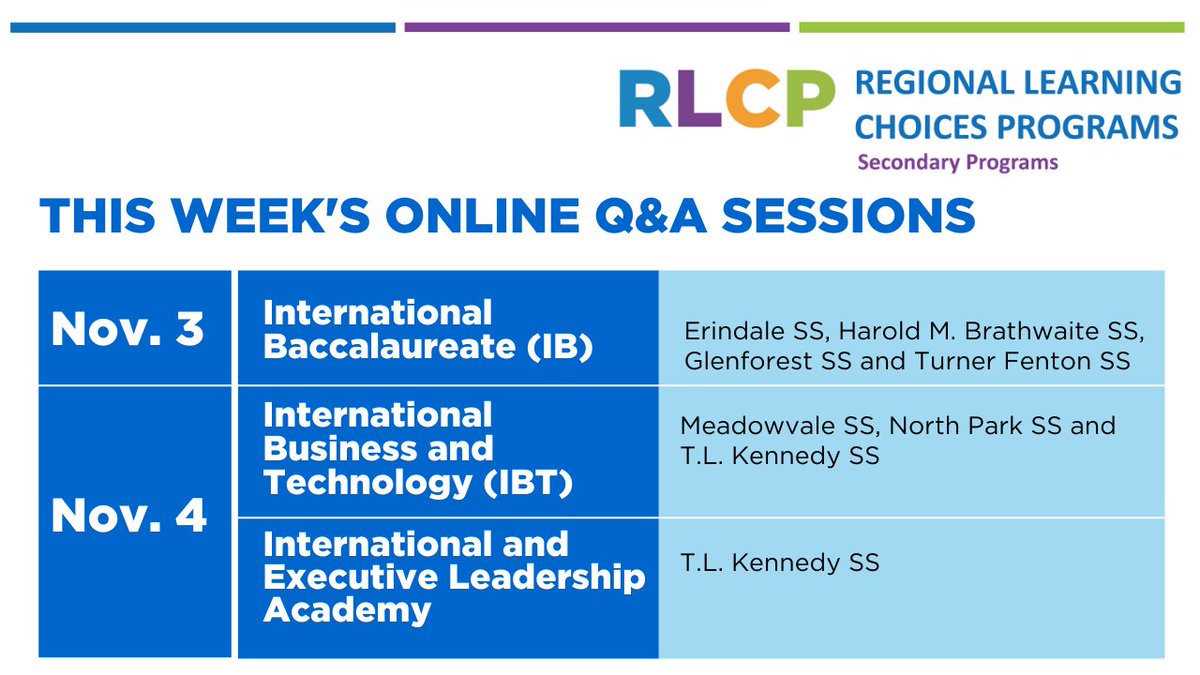 PeelSchools's tweet photo. Reminder: three of our secondary Regional Learning Choices Programs are hosting online sessions this week, including ​​International Baccalaureate (IB) today. 

🗓️Applications will open for current grade 8 students on Nov. 9, 2020 at 8:30 a.m.

Learn more: https://t.co/H4eTA5eDFT https://t.co/7NczPf5hTW
