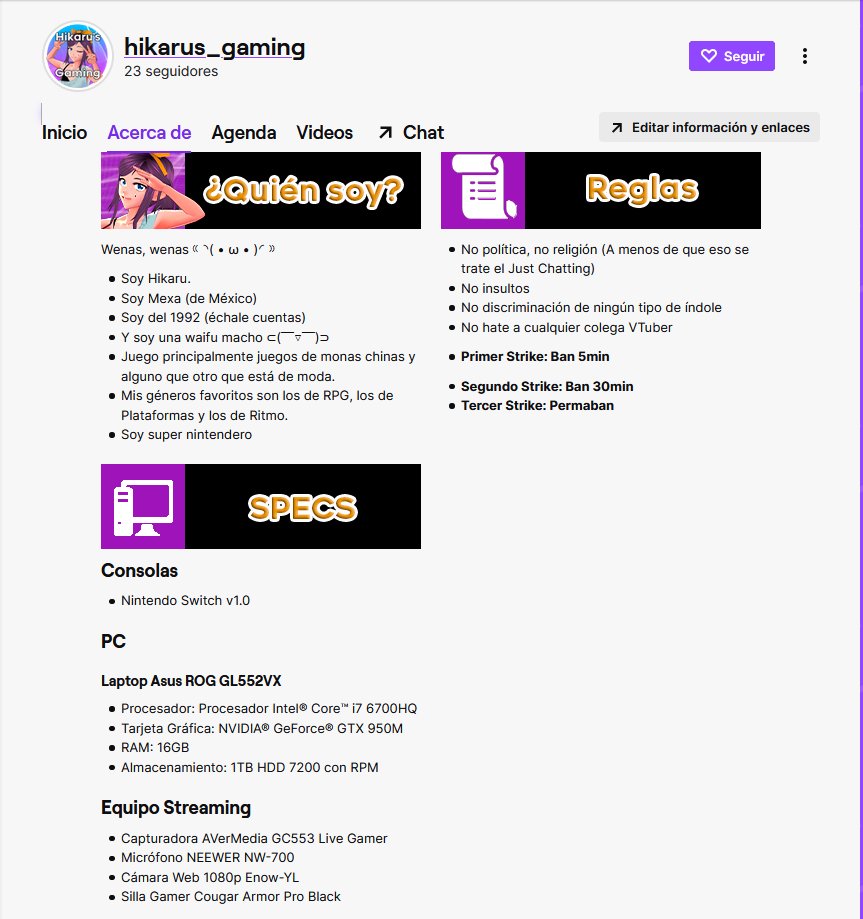 x_Jika_x's tweet photo. Ahí va quedando la página de Twitch. ヾ(・ω・*)
https://t.co/Ky4RExWzTp
Ya saben que no me gusta pedirles el apoyo y me gusta que nazca de cada uno de ustedes.
#HikarusGaming #Hikaru
#VTuber #VStreamer #VTuberLATAM #VStreamerLATAM
#GremioVTuber #Waifu #GamerWaifu https://t.co/ae5YMxQzNQ