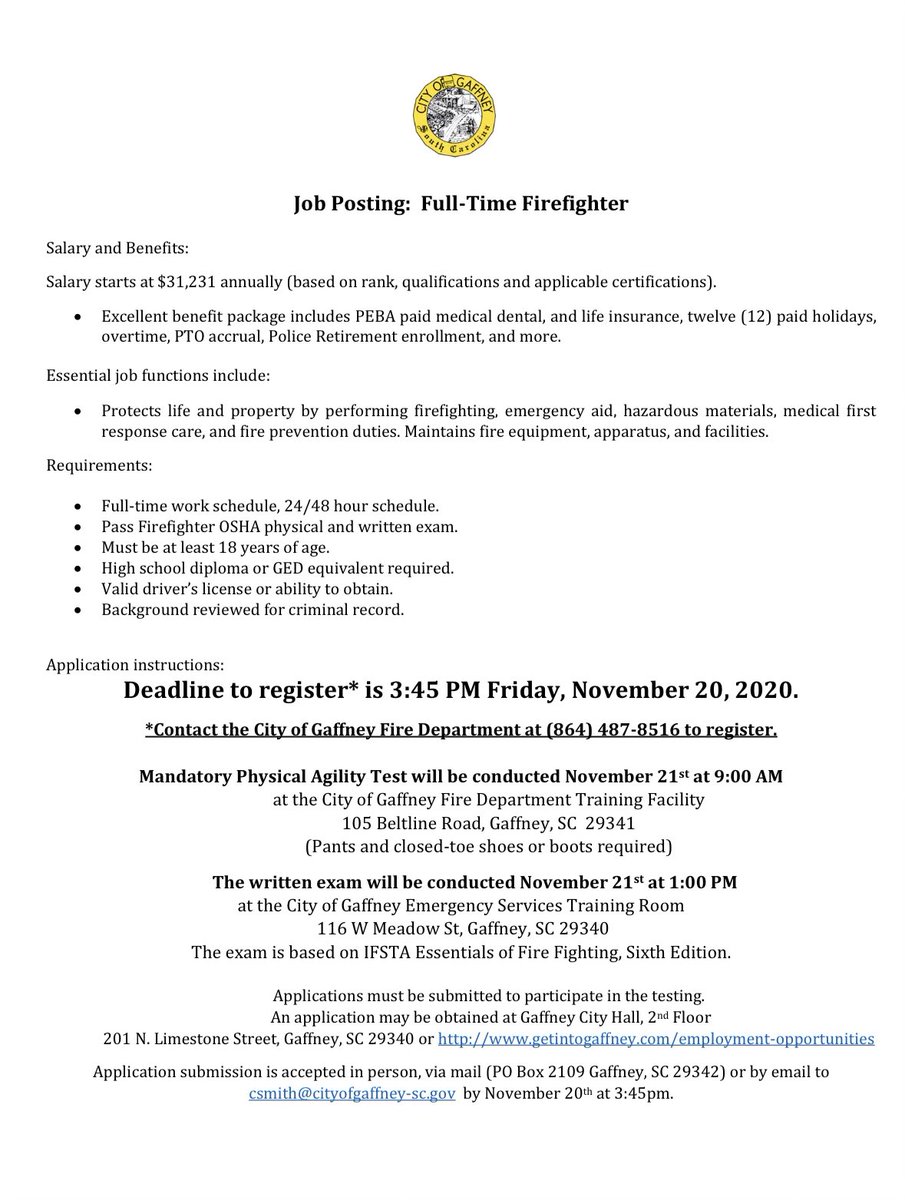 GaffneyFire's tweet photo. Interested in joining our team? Call today to reserve your spot. https://t.co/TWEiVQyR8J