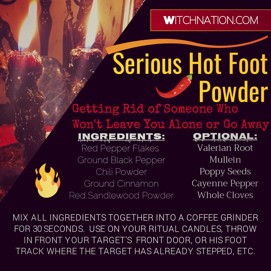 WitchNation's tweet photo. Serious Hot Foot Powder for getting rid of someone who won’t leave you alone or go away.  #hotfoot #banish #metaphysical #Insight #psychic #pagan #paganism #yule #Atheist #fullmoon #hoodoo #allthingsblessedbe #witchnation https://t.co/c1yu1Jr1uy