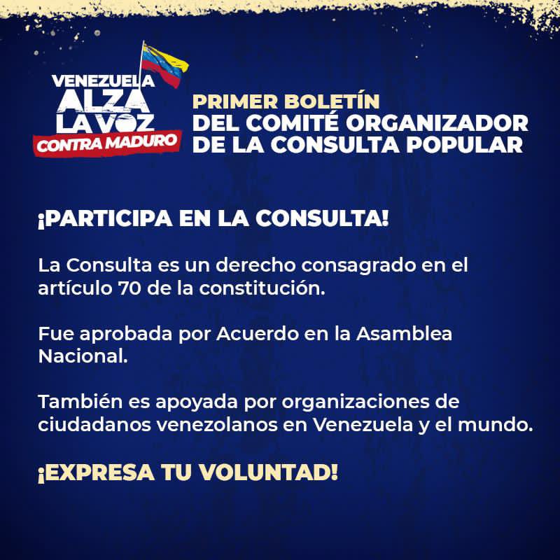 jguaido's tweet photo. #ATENCION Venezuela:

El Comité Organizador de la Consulta Popular ha anunciado la fecha y las modalidades en las que dentro y fuera de Venezuela nos uniremos para alzar la voz, ejercer la mayoría que somos y ser partícipes de la lucha por una solución a la crisis. https://t.co/xGzoNWfgGS