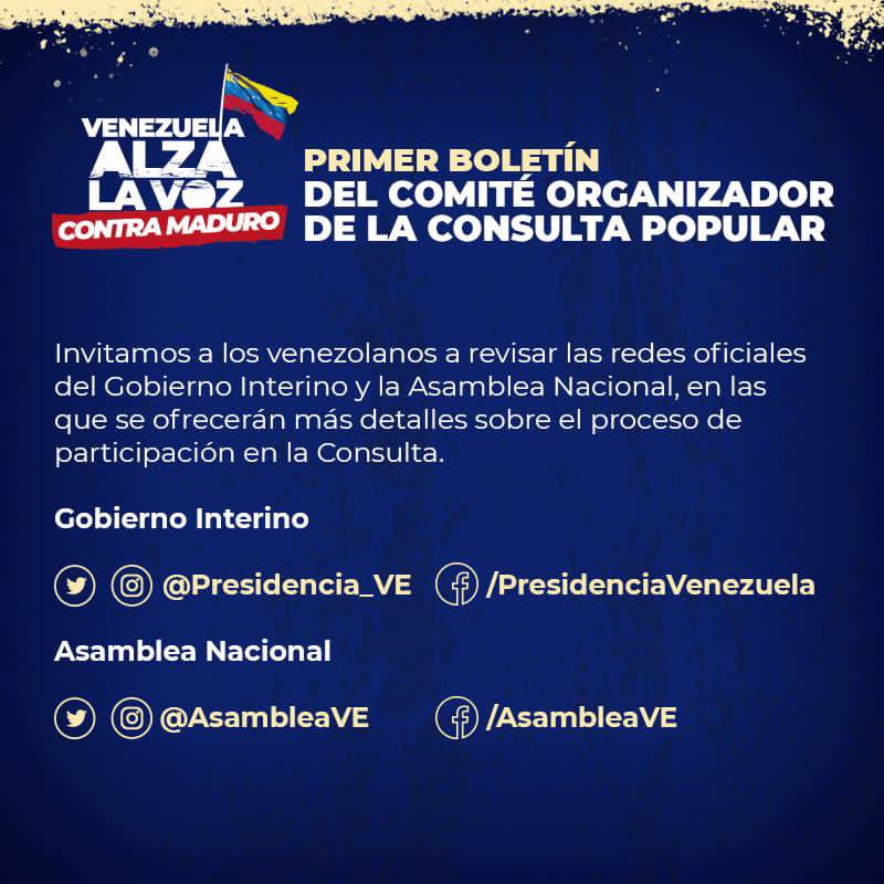 jguaido's tweet photo. #ATENCION Venezuela:

El Comité Organizador de la Consulta Popular ha anunciado la fecha y las modalidades en las que dentro y fuera de Venezuela nos uniremos para alzar la voz, ejercer la mayoría que somos y ser partícipes de la lucha por una solución a la crisis. https://t.co/xGzoNWfgGS