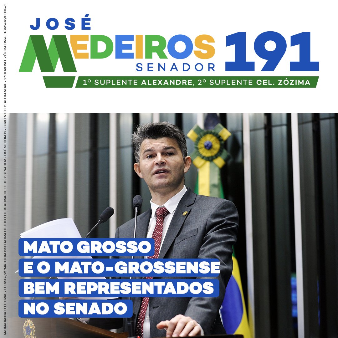 JoseMedeirosMT's tweet photo. Experiência na Câmara e no Senado. Eleito um dos 10 senadores mais atuantes do Brasil. Candidato DIREITA RAIZ, comprometido desde sempre com Mato Grosso e com o projeto que o presidente Bolsonaro tem para o Brasil. Dia 15 de novembro, VOTE 191.🇧🇷👊🏻
#SenadorDeDireitaMT #Vote191 https://t.co/4Mf6I4DRIf