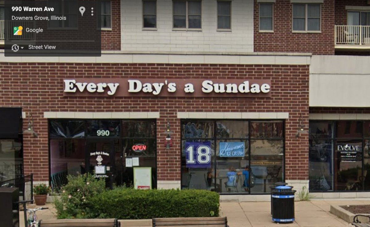 I used Google Maps and Street View to check the address and was able to confirm that the locations matched. You can see the sign that says "Evolve" on the shop next door.  https://www.google.com/maps/place/Every+Day's+A+Sundae/@41.7958412,-88.0100611,3a,22.1y,349.05h,89.67t/data=!3m6!1e1!3m4!1sDtS34lI5tpnVg4-0J5BEFw!2e0!7i16384!8i8192!4m5!3m4!1s0x880e4e270c1cfea1:0x6609149989a7ee95!8m2!3d41.796058!4d-88.0101247