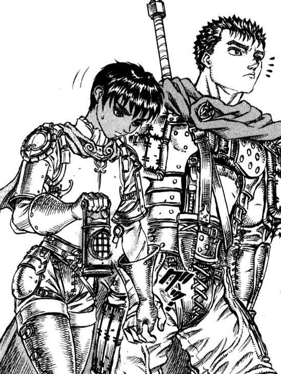 Elle tomba amoureuse de Guts jusqu’à en oublier Griffith, qui pour la première fois porter un intérêt particulier pour elle. Fou de cette situation d’infériorité face à Guts, son rival, il déclencha une éclipse et devint un Dieu. Casca est la pièce maîtresse de cet antagonisme.