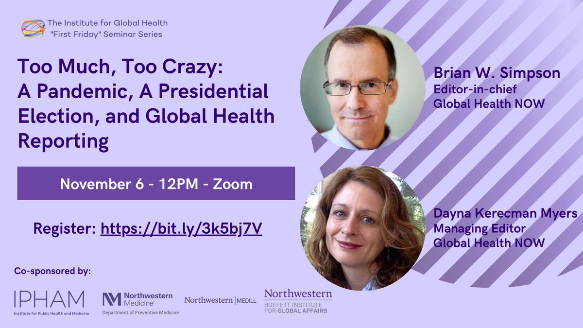 Havey Institute for Global Health (@fsmglobalhealth) on Twitter photo It's Election Day! Join us on Friday at 12pm CT for a timely behind-the-scenes peek into #globalhealth reporting in the midst of both an election year and pandemic with <a href="/ghn_news/">Global Health NOW</a> Brian W. Simpson and Dayna Kerecman Myers.
Registration is required: bit.ly/3k5bj7V It's Election Day! Join us on Friday at 12pm CT for a timely behind-the-scenes peek into #globalhealth reporting in the midst of both an election year and pandemic with <a href="/ghn_news/">Global Health NOW</a> Brian W. Simpson and Dayna Kerecman Myers.
Registration is required: bit.ly/3k5bj7V