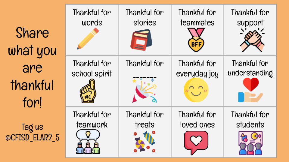 CFISD_ELAR2_5's tweet photo. Hey hardworking @CFISD_ELAR2_5 teachers! We are so thankful for each and every one of you. Share with us what you are thankful for by posting pictures and completing our thankfulness bingo. Blackout your bingo board to receive a free book for your classroom (while supplies last) https://t.co/JVbMgt2Psm