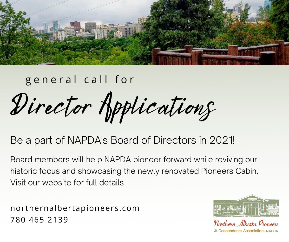 ABPioneers's tweet photo. ✨ Call for Applications ✨
Join our Board of Directors in 2021!
Deadline is Dec. 4, 2020.
More details on our website: https://t.co/icEubirV59
Share with your friends! 😀
#napda #yeg #ab #nonprofit #yeghistory #yegheritage https://t.co/VksJOyHvum
