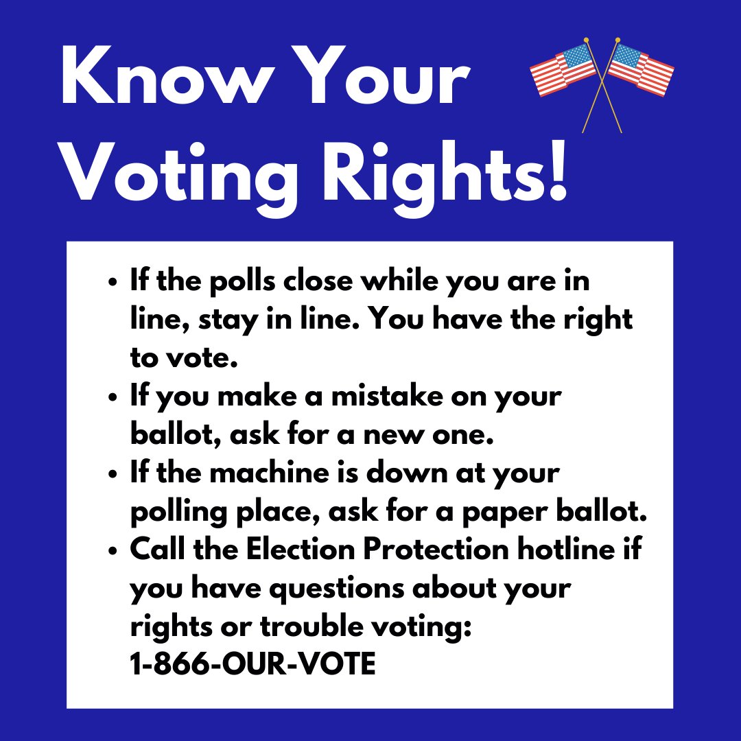 Call the Election Protection Hotline if you encounter any problems at the polls!

#KnowYourRights #VotersRights #BlueWave2020 #2020Election #ItStartsWithStates #FlipPABlue #FlipNCBlue #SisterDistrict #SisterDistrictNYC #DownBallotRaces