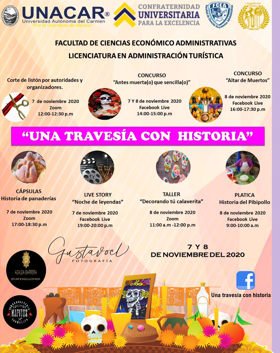 UNACAR's tweet photo. @UNACAR  y los estudiantes de la Licenciatura en Administración Turística de la FCEA, invitan al evento denominado "Una travesía con historia" que se llevará a cabo de manera virtual este 7 y 8 de noviembre.
Para mayores informes dirigirse al Facebook: Una travesía con historia https://t.co/mAi5cXxwaN