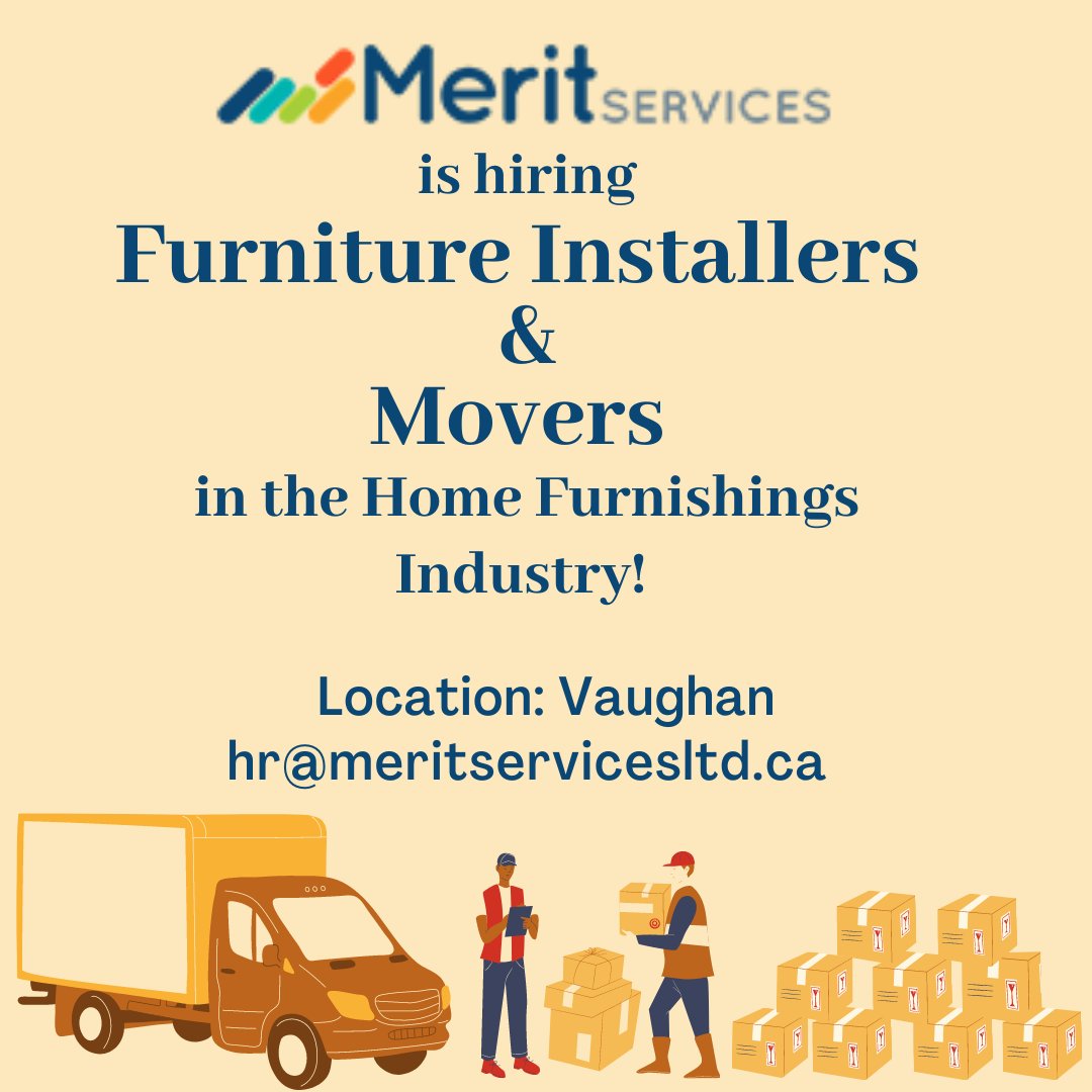 LtdMerit's tweet photo. #MeritServices is hiring #FurnitureInstallersandMovers in the Home Furnishings Industry!
Apply Now: https://t.co/1TIdBPa8Gw
Email: hr@meritservicesltd.ca
Call: +1 289-378-6180
#homefurnishingsindustryjob #generallabor
#recruiter #jobs #vaughanjobs #jobsincanada #torontojobs https://t.co/jpVXmtsz8Y