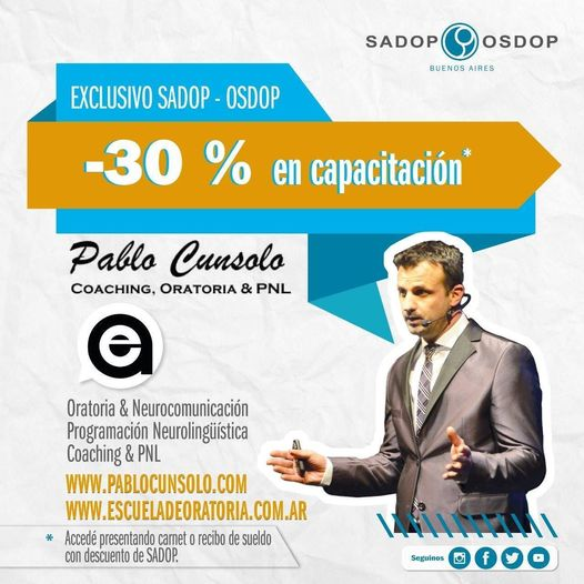 sadoppba's tweet photo. 😁 ¿Querés capacitarte en oratoria?

📉 APROVECHÁ este #ExclusivoSADOP del 30% de descuento en los cursos de @PabloCunsolo 

🤝 Accedes con tu carnet de SADOP o recibo de sueldo. https://t.co/qBsj7wDNXf