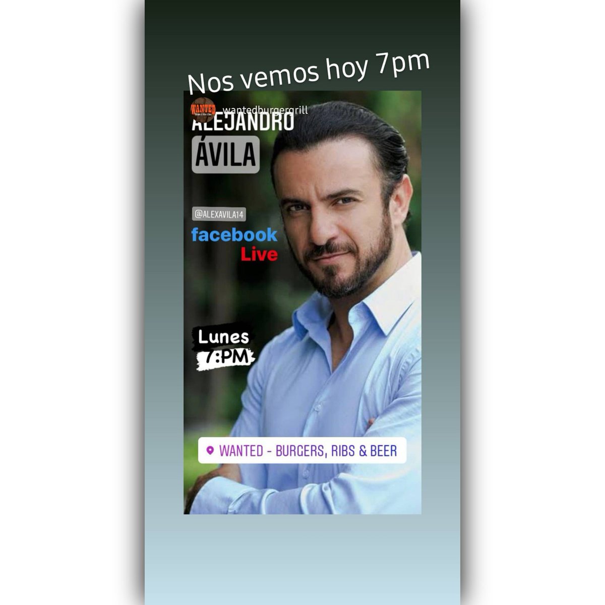 Adriane197's tweet photo. 📢 Atención fans de lo #talentoso #galán #AlejandroÁvila hoy tiene #facebooklive las 7:pm horario de 🇲🇽 (#México) 22:00 horario de 🇧🇷 (#Brasil) ➡️ WANTED-BURGERS,RIBS & BEER crédito de la #foto #igstorie @ALEXAVILA14 #actor #cantante #telenovelas #series #cine #obradeteatro https://t.co/ENcTqe1Vl6
