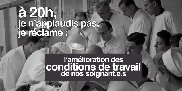 rglucks1's tweet photo. Applaudir ne suffit pas: pour exprimer notre solidarité, relayons les revendications des soignantes et soignants qui sont au front pour nous. https://t.co/kjg7DjUbMZ