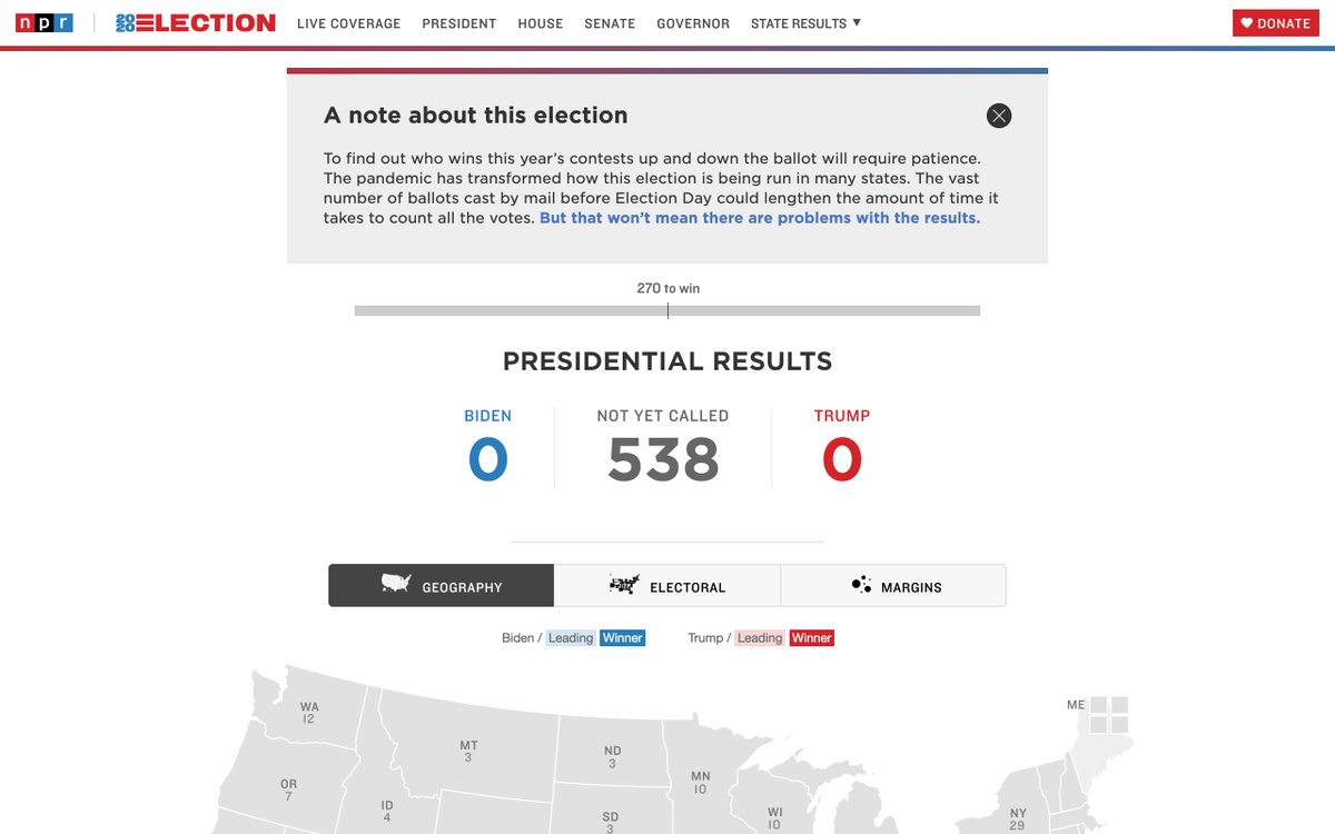 Election results dashboards from a few more US newsrooms (and one Australian one):  NPR:  https://apps.npr.org/elections20-interactive/#/president BBC:  https://www.bbc.com/news/election/us2020/results The New Yorker:  https://www.newyorker.com/news/election-2020/live-2020-presidential-election-results The Age :  https://www.theage.com.au/world/north-america/us-election-2020-results-20201102-p56ars.html