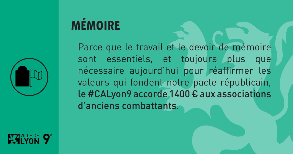 Mairie9Lyon's tweet photo. Parce que le travail et le devoir de mémoire sont essentiels, et toujours plus que nécessaire aujourd’hui pour réaffirmer les valeurs qui fondent notre pacte républicain, le #CALyon9 accorde 1400 € aux associations d’anciens combattants. https://t.co/BYDRQ6fs2m