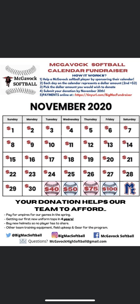 BigMacSoftball's tweet photo. Hey McGavock family and friends ! Help us “fill our calendar” and donate to our team to fund our season! 

It’s easy! All you do is go to https://t.co/9EwYF7UjhW and add whatever dollar amount you wish to donate ! https://t.co/1enqix5jEv