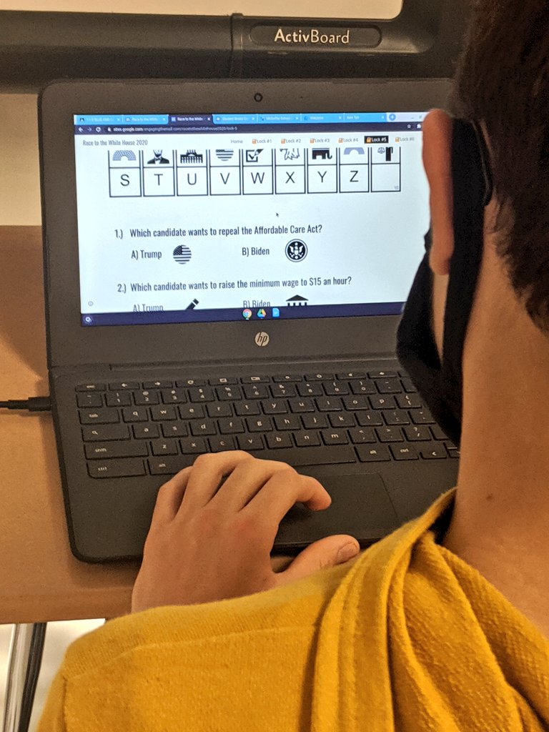 #McGuffeyHS Civics students worked on a challenging escape room today. So as the actual race to the White House is underway Ss worked to unlock the escape room locks by gaining election knowledge! #Election2020 #mc3g