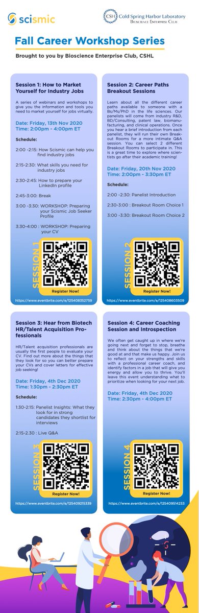 Dear all,

Beginning next Friday, join our FALL CAREER WORKSHOP SERIES with Scismic.

This event will bring together different aspects of how to transition into an industry from academia and will cater to all career levels. 

YOU MUST REGISTER FOR EACH SESSION. Details are below!