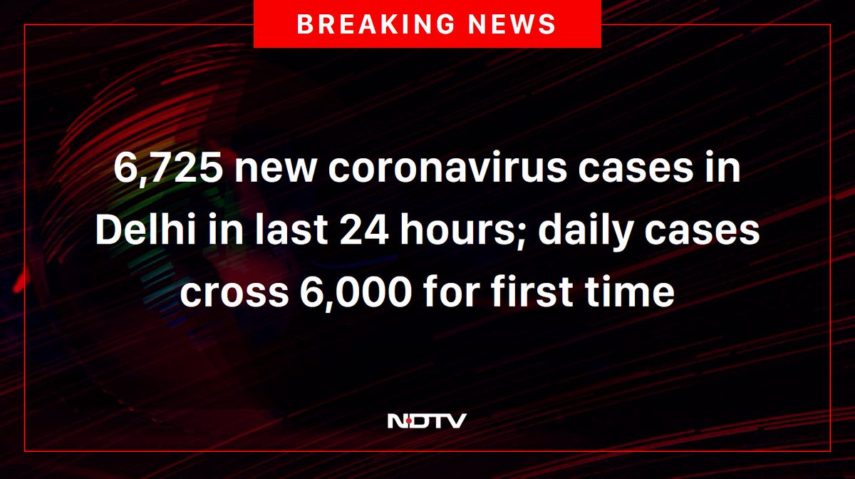 ndtv's tweet photo. 6,725 new coronavirus cases in Delhi in last 24 hours; daily cases cross 6,000 for first time https://t.co/4fTRvqTynP