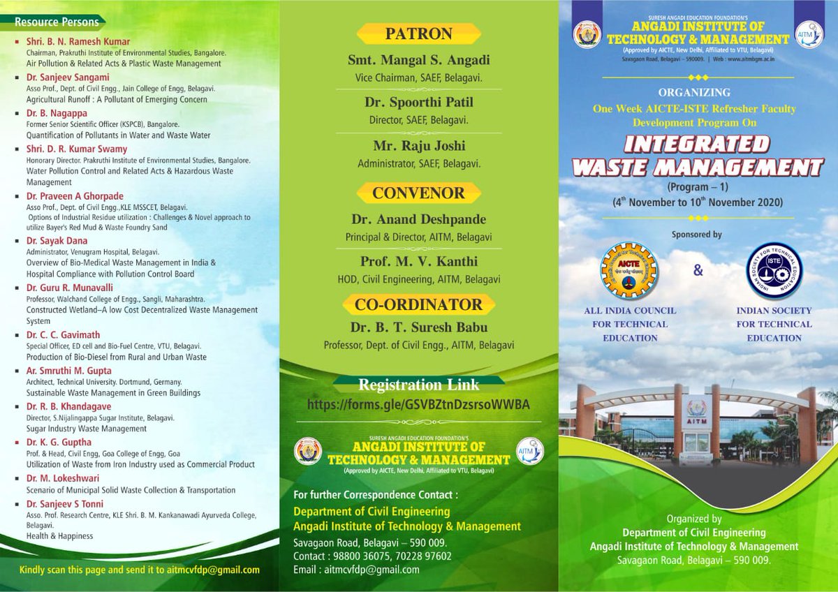 aitm_official's tweet photo. #OnlineOneWeekFDP
#IntegratedWasteManagement
Dept of Civil Engg, AITM, Belagavi, Happy to announce Inaugural function of Online One week Refresher FDP on "Integrated Waste Management" sponsored by All India Council for Technical Education (AICTE) and (ISTE) on 4th November 2020. https://t.co/7kHbda8kvz