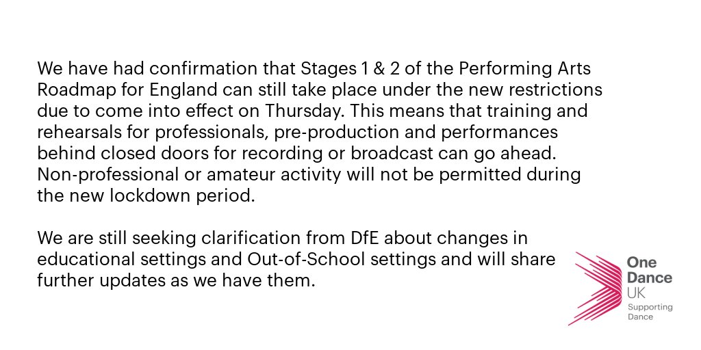 NEWS: Stages 1 &amp; 2 of the Performing Arts Roadmap for England can still take place under the new restrictions due to come into effect on Thursday.