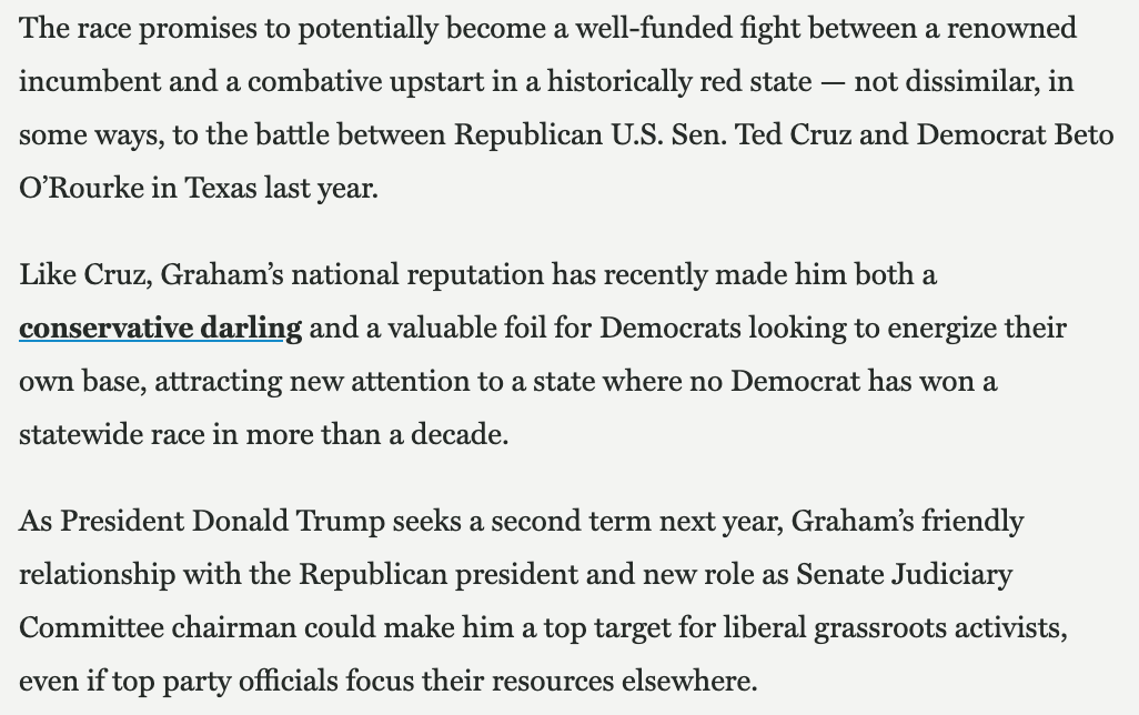 A quick thread on our  #SCSen coverage this Election Day:It began in Feb. 2019, before  @harrisonjaime started running or anyone was paying attention to the race, when we wrote that  @LindseyGrahamSC had the potential to become the  @tedcruz of this cycle… https://www.postandcourier.com/politics/ahead-of-2020-re-election-lindsey-grahams-challenge-shifts-from-right-to-left/article_ea44940a-2635-11e9-bdc9-8b57192462f7.html