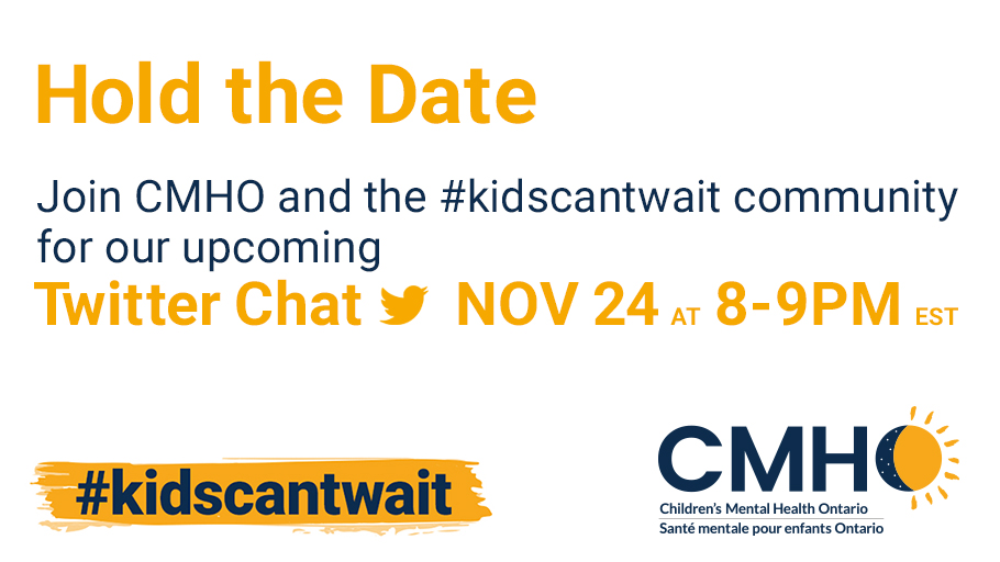 kidsmentalhlth's tweet photo. Join us Nov. 24 for a Twitter Chat. It’s an opportunity for parents to come together online to share experiences with like-minded parents. We will be talking about some of the issues on many parents' minds these days: school and preparing for the winter/holidays. #kidscantwait https://t.co/WFOaRnKguR
