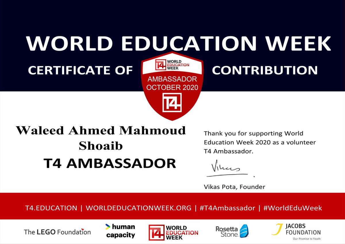 T4 Ambassador for World Education Week certificate of contribution. Thank you. 
 #T4Ambassador 
#T4conf 
#EducationForAll 
#EducationMatters 
#SDGs 
#GlobalGoals
@T4EduC
#T4Education  
@MicrosoftEDU
#WorldEduWeek  
#T4SolutionsChallenge
#Education 
#WorldEduWeek
#GlobalShowcase