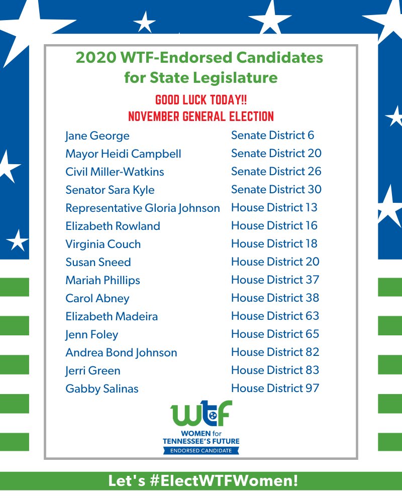 WomenTNFutureYL's tweet photo. WTF has 19 endorsed candidates on the ballot today running for #TNLeg and local office across TN!

Good luck to these exceptional candidates who have run inspiring campaigns in tough districts!

We are ready to make history and #ElectWTFWomen! https://t.co/UrRNZ52fNG