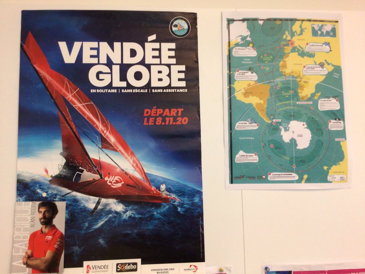 Aujourd’hui, on colle nos stickers d’encouragement dans nos cahiers du jour. Nous sommes presque prêts pour suivre le <a href="/VendeeGlobe/">Vendée Globe</a> 2020. 
Nous souhaitons à @AlanRoura et sa Fabrique de faire le tour du monde en moins de 80 jours. ⛵️🇨🇭