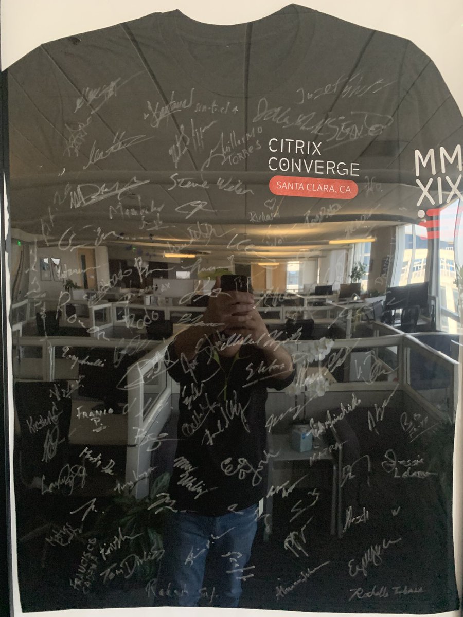 virtualsteve's tweet image. I stopped by the office this week for a few minutes and noticed this hanging on the wall. We had every attendee of #CitrixConverge 2019 sign the shirt - about 100. I don’t think we could fit the signatures of all 3,000+ developers this year. Wow! How this event has grown.  😎