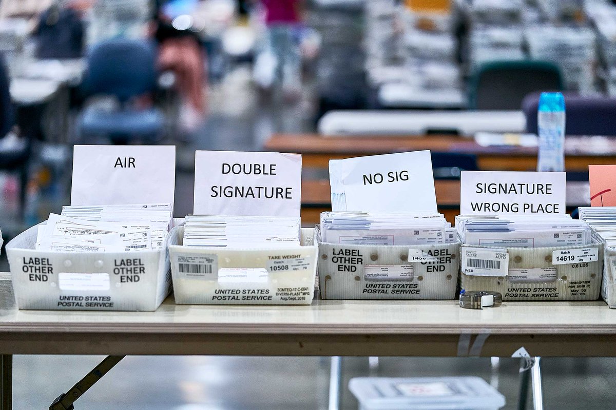 Step 1 is inspection of incoming ballot envelopes. Envelopes collected from the U.S. Postal Service, or from drop boxes, are sorted by postmark and inspected for the required signature and any signs of tampering  http://trib.al/YMQuiNR&nbsp;