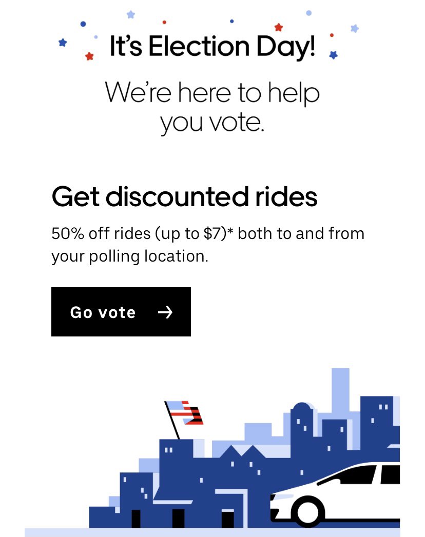 Need a ride to the polls? Uber and lyft are offering discounted rides to polling locations. Other companies like universal music group are partnering up with organizations to offer rides as well: