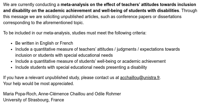 easpinfo's tweet image. Call for Unpublished data for a meta-analysis on teachers’ attitudes towards inclusion and disability. Please help if you can. #CallforData #metaanalysis #teachers #disability @ORohmer @ADRIPS_comm @unistra
