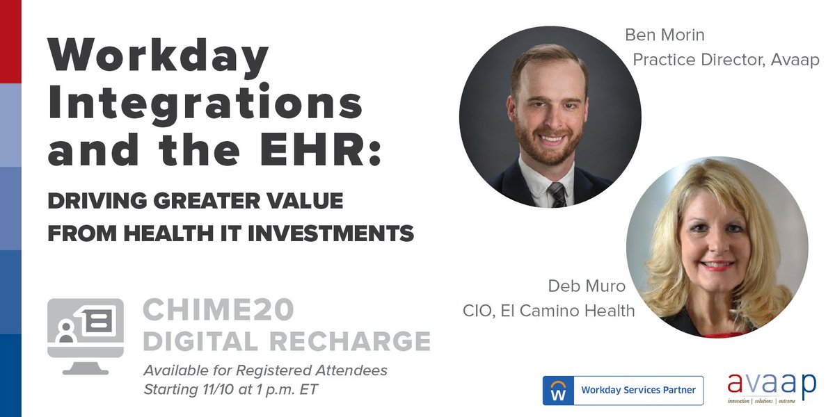 AvaapHealthcare's tweet photo. Join @elcaminohealth CIO Deborah Muro and Avaap’s Benjamin Morin to learn how the health system fully integrated their Epic EHR with Workday to boost efficiency of resources and improve patient care. Register today. https://t.co/xROqptPVLb #CHIME20 #healthIT https://t.co/RKPdtnhD1H